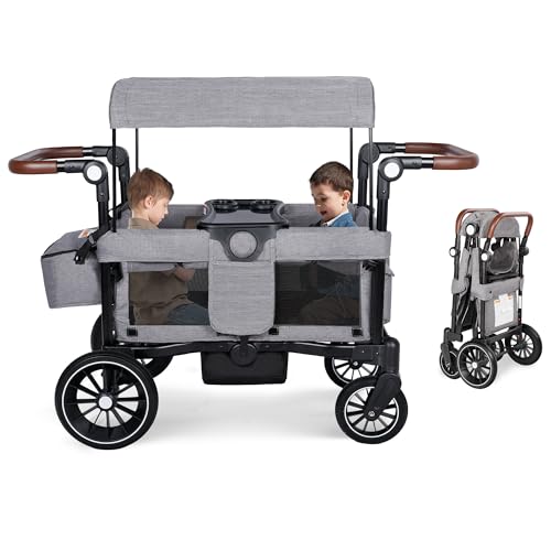 Image of TODEFULL Foldable Wagon Stroller, All-Terrain Stroller Wagon for 2 Kids, Kids Wagon Cart Featuring with Harnesses, Adjustable Double Push Handle, Large Storage Bag, Grey