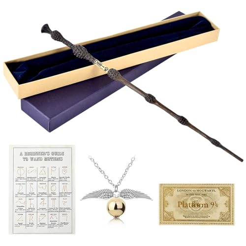 WDKXCN Dumbledore Zauberstab 37CM Elderstab aus Stahlkern und Harz Magic Dumbledore Zauberstab Elderstab in Geschenkbox mit Zauberspruch-Karte Halskette und Stationsticket
