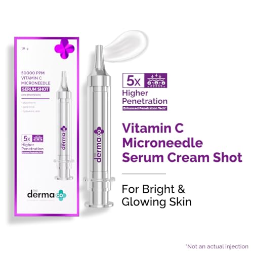 Image of The Derma Co 50000 PPM Vitamin C Microneedle Face Serum Shot | 5x Higher Penetration | For Dull Skin | Boost Collagen & Makes Skin Glow | For Brightening & Radiant Skin | Non Sticky | Glutathione, Panthenol & Hyaluronic - 10g