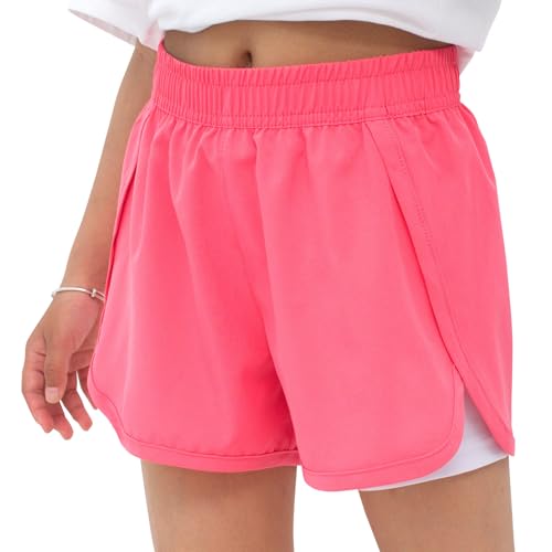 MEILONGER Mädchen Shorts Badehose 2 in 1 Jungen Boardshorts Kinder Kurze Leichte Casual Badeanzug Bademode mit Kompression Innenhose Verstellbare Tunnelzug(Pink,152-164)
