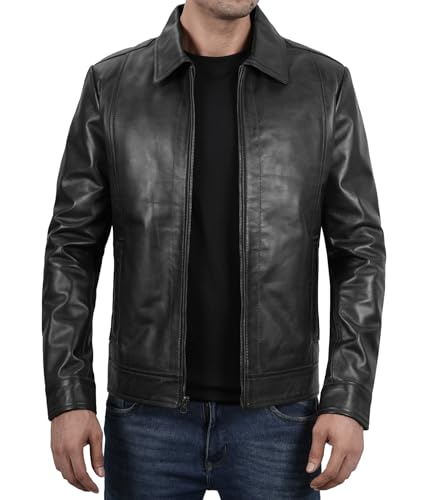 Image of Blingsoul Vintage Distressed Leather Jacket for Men - Shirt Collar Genuine Lambskin Mens Leather Jacket