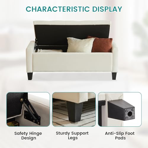Image of Velvet Storage Ottoman Bench for Bedroom, End of Bed Bench with Button, Side Storage Pockets, Organizer Storage Chest, Upholstered Foot Rest, Load up to 400 lb, for Living Room, Entryway, Beige