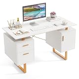 Tangkula White Desk with Storage Drawers & Cabinet, Home Office Computer Workstation with Floating Desktop, Modern Study Writing Table, Vanity Table with Golden Metal Frame, Desk for Bedroom (White)