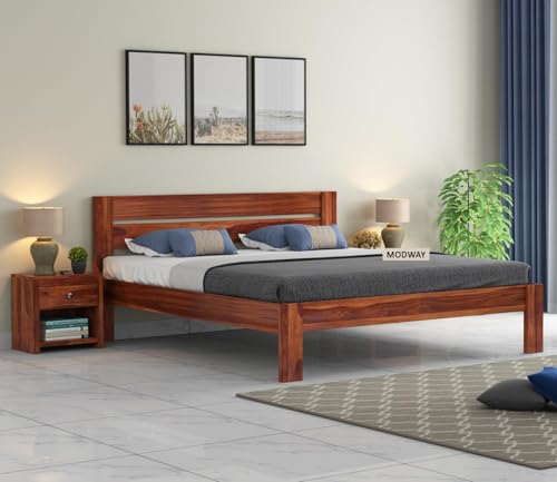 Image of Solid Sheesham Wood Queen Size Bed Without Storage | Wooden Double Bed Cot Palang for Bedroom Living Room Furniture (Honey Finish)