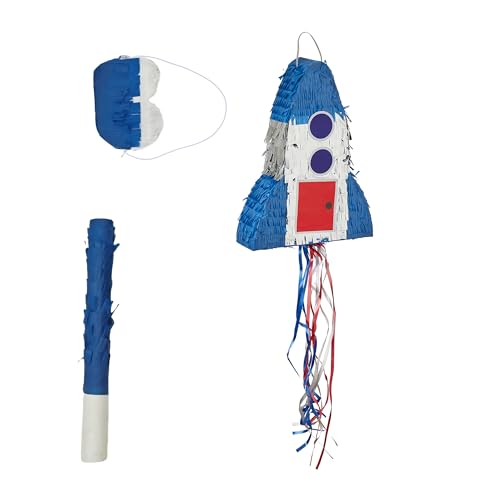 Relaxdays Pinata fusée Enfant avec bâton, Masque, à remplir, 40 x 30 x 9 cm, colorée