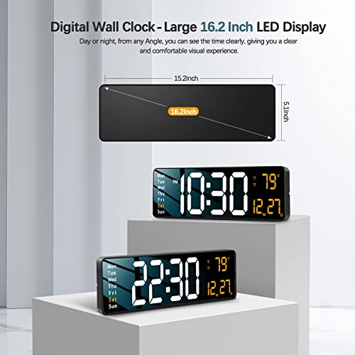 Image of JoFomp ABS Modern 16 inch Large Digital Wall Clock with Remote Control,LED Display,Auto-Dimming,Countdown,Temperature,Calendar - 12 /24Hr Format - Silent Wall Clock for Home,Office,or Gym Use (Orange)