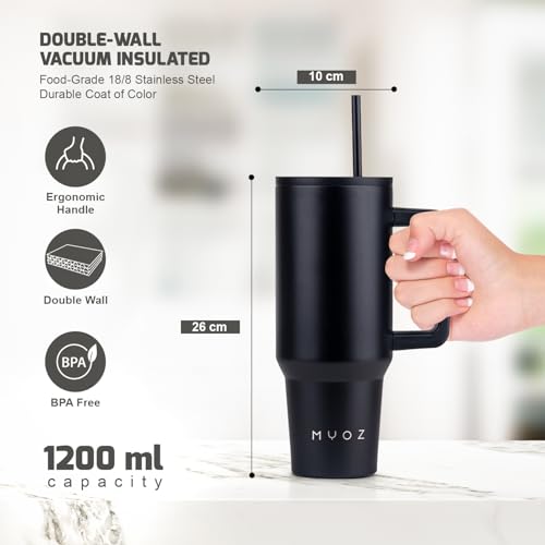 Image of MYOZ 1200ML Stainless Steel Insulated Tumbler Water Mug with Lid, 2 Straws Hot & Cold Iced Coffee Cup, Double Wall Leak-Proof Cupholder for Gym, Travelling Spill-Proof Bottle (Midnight Black)