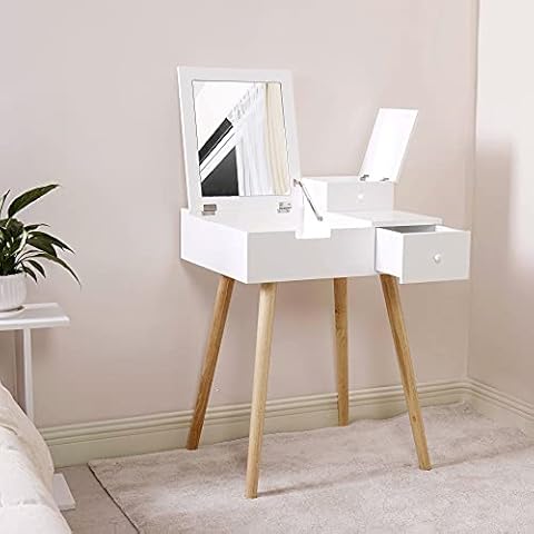 Viscologic Wooden Makeup Vanity Dressing Table with Flip-Top Mirror and Storage Drawers for Bedroom, Rustic Vintage Farmhouse Decor Cover