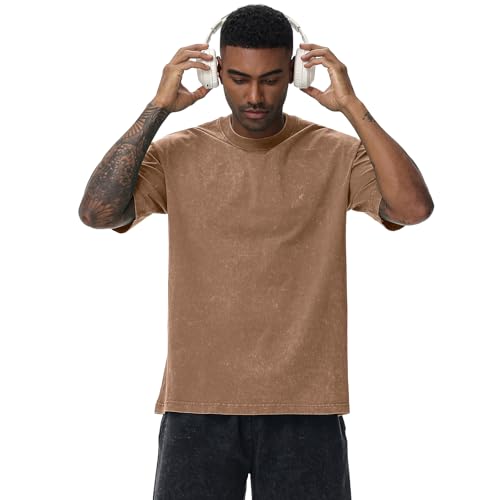 Image of Men's Oversized Cotton T-Shirts Loose Fit Vintage Washed Tee Unisex Short Sleeve Casual Shirts Tops