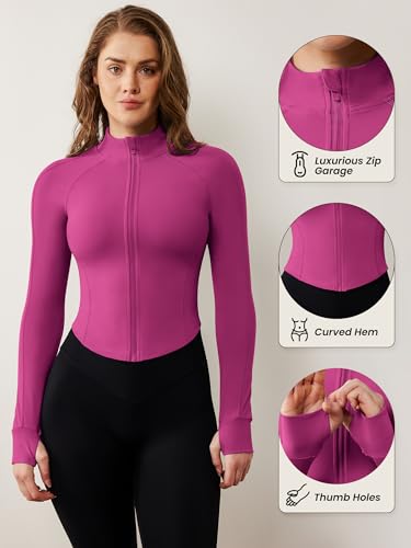 Image of AVGO Women's Workout Jacket Lightweight Zip Up Cropped Yoga Jackets Slim Fit Athletic Tops with Thumb Holes