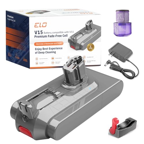 ELO V11/V15 Battery, Filter, and Charger Replacement Bundle – Compatible with Dyson V15 and V11 Vacuums (Click-in Version), V15s Detect Submarine, V15 Detect Absolute, SV22, SV47 Vacuum Cleaner