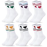 Smivyhp 6 Paar Tennissocken Damen 39-42 Sportsocken Weiß Socken Damen Baumwollsocken Laufsocken Herz Streifen Tennis Sport Socken für Tennis Lauf Arbeit Sport