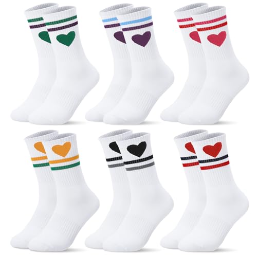 Smivyhp 6 Paar Tennissocken Damen 39-42 Sportsocken Weiß Socken Damen Baumwollsocken Laufsocken Herz Streifen Tennis Sport Socken für Tennis Lauf Arbeit Sport