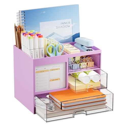 Image of Marbrasse Desk Organiser with Drawers,Large Capacity Pencil Holder for Desk,Memo Board Stationary Organiser with 4 Compartments and Accessories,Desk Tidy Organizer for Office,Home and School (Purple)