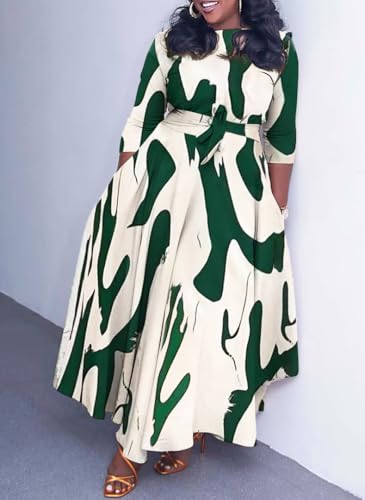 Image of Hostoyo Women Plus Size Formal A Line Maxi Dress Self Tie Waist with Pockets Elegant Round Neck Swing Long Dresses