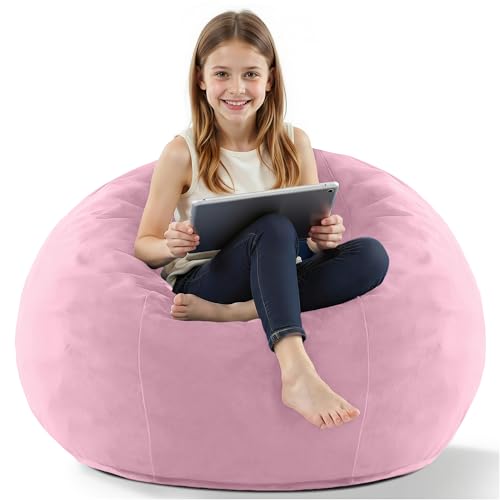 Image of HABUTWAY 2FT Bean Bag Chair, 2' Beanbags Small Bean Bag Chairs with Filling, Teardrop Bean Bag Chair Luxurious Velvet Ultra Soft Fur with Removable Cover (Soft Pink)