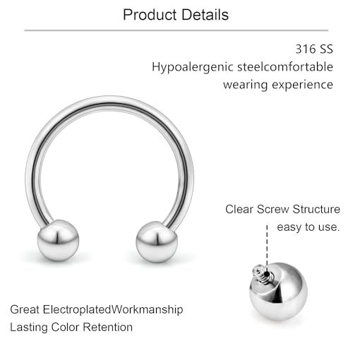 Lcolyoli 16g Septum Rings Internally Threaded Surgical Steel Septum Jewelry Lip Rings Hoop Labret Jewelry Smiley Piercing Jewelry Horseshoe Earrings Daith Piercing Jewelry for Women Men3