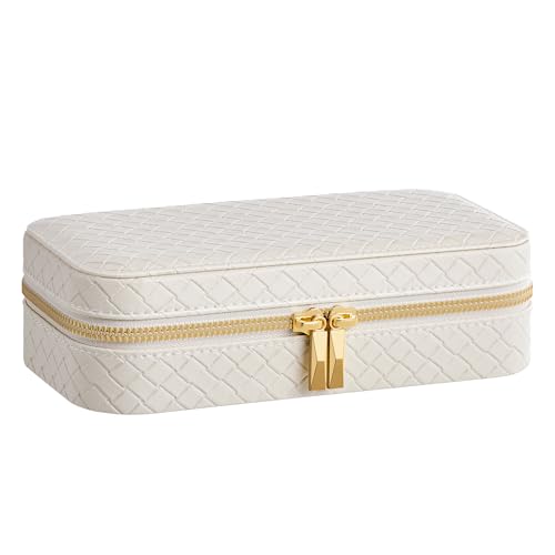 SONGMICS HOME Reise-Schmuckkoffer, Schmuck-Organizer-Box mit Spiegel, Schmuckbeutel, gewebtes geprägtes PU-Leder, tragbare Schmuckaufbewahrung, Weihnachtsgeschenke, Wolkenweiß UJBC197W01