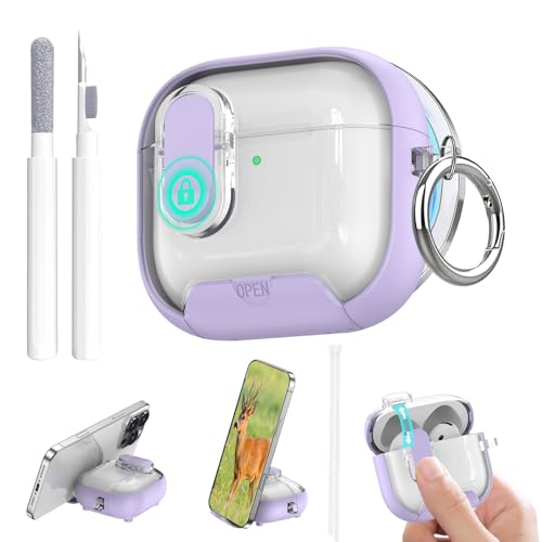 Image of Aircawin for Airpods 4 Case Clear,Secure Lock for Airpods 4th Generation Case Cover with Phone Stand and Magsafe Function,Auto Pop-up,Hybrid Protection Design with Carabiner&Cleaning Pen-Purple