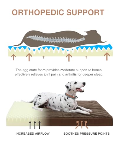 Image of KSIIA Orthopedic Dog Bed for Large Dogs with Waterproof Lining, Brown,41x27 | Deluxe Soft Plush Dog Crate Bed, Washable Pet Mat with Removable Cover & Egg Crate Foam for Large Dogs Sleeping & Relaxing