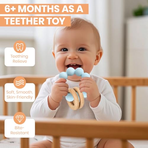 Image of Socub Baby Teething Toys for 0-6 6-12 Months | BPA-Free Food-Grade Silicone & Natural Beech Wood Teether Ring for Newborn Infants Teething Relief | Easy-Grip Sensory Rattle Toys(Baby Blue)