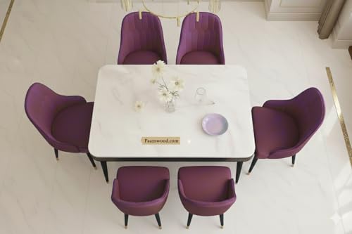 Image of Swiss Modern Dining White Marble Top Table Set with Sheesham Wood Legs, 6 Seater with Upholstered Chairs (71x36x30 Inches) (Maroon)