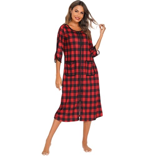 RONGTAI Zip Up Robes for Women 3/4 Sleeve Women's Housecoat Full Length Nightgown Red Plaid Loungewear with Pocket L — view 5