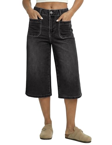 luvamia Loose Jeans for Women Wide Leg Capri Pants for Women Ladies Jeans Washed Black Medium Fits Size 8-10
