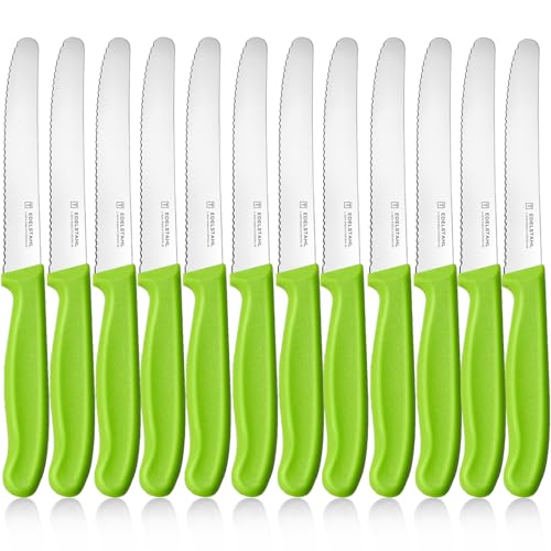 targzier Tomaten- und Tafelmesser,12-teilig Extra Scharfe Klinge Frühstücksmesser,Kunststoffgriff Scharfe Besteck Messer Set,Jausenmesser,Brotzeitmesser mit Wellenschliff(11 cm) Rostfreier Stahl,Grün