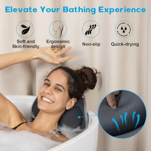 JUSDOO Bath Pillows for Tub Neck and Back Support - Upgraded Non-Slip Rubber Backing & 6 Suction Cups, 4D Air Mesh Spa Bathtub Cushion for Head Rest, Machine Washable with Laundry Bag & Hook (Gray)