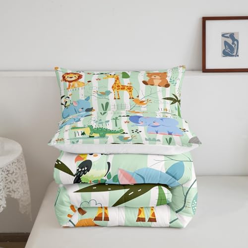 Image of Feelyou Kids Baby Jungle Animals Comforter Set Twin Size Cute Cartoon Elephant Lion Giraffe Print Child Toddler Bedding Set Nursery Kids Safari Room Decor Exotic Natural Theme Duvet Set