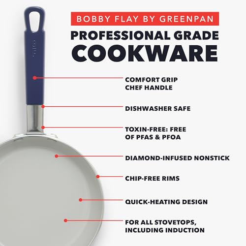 GreenPan x Bobby Flay 13 Piece Nonstick Cookware Pots and Pans Set, PFAS-Free Diamond Ceramic, Induction Suitable, Easy Clean Dishwasher & Oven Safe, Stay-Cool Silicone Handles, Glass Lids, Navy Blue by GreenPan - Image 3