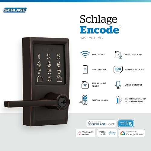 Image of Schlage Encode Smart WiFi Lock, Lever Handle, Century Trim, Aged Bronze | Keyless door lock with handle, Touchscreen keypad, App control, Alexa, Google, Ring & Airbnb compatible, Certified security