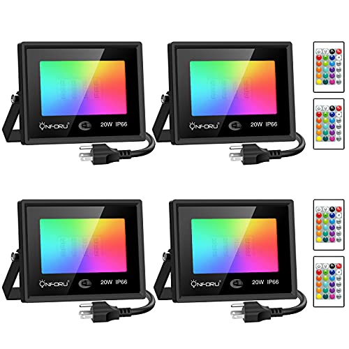 Onforu 20W RGB Flood Light, Color Changing LED Flood Light with Remote, IP66 Waterproof Outdooor Floodlight, Dimmable Strobe Uplighting indoor for Stage, Party, Wall Wash, Landscape, Garden, 4 Pcs