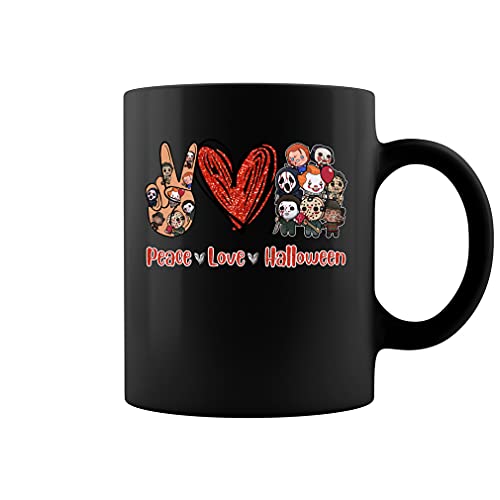Taza divertida de Halloween Peace Love, Halloween terror, disfraz de terror, taza de café de cerámica, taza de té (negro, 11 onzas)