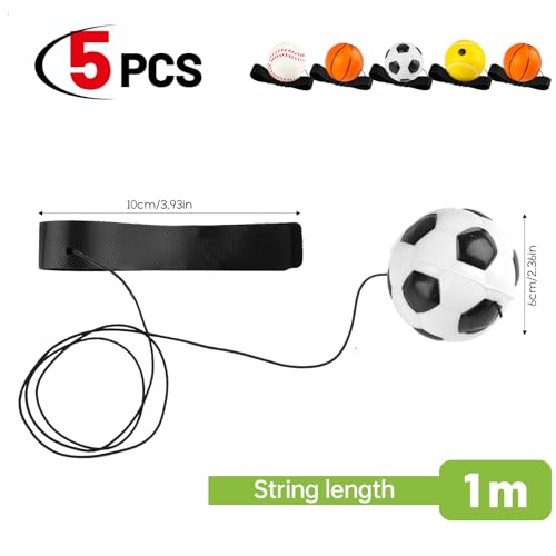Maxmoc 5 Stück Ball mit Schnur Kinder, 6cm Springball mit Schnur, Gummi Ball mit Gummiband Handgelenk, Sport Spielzeug für Kinder Erwachsen Basketball Fußball Baseball Tennis