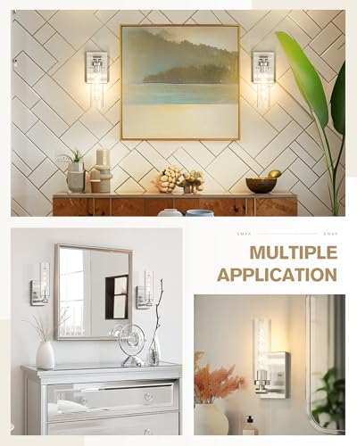 Image of Emak Modern Wall Lights, Brushed Nickel Sconces with Clear Glass Shade, 2 Light Bathroom Vanity Light for Bathroom, Mirror, Living Room, Bedroom, Gallery, WS086-BN-CG-2PK