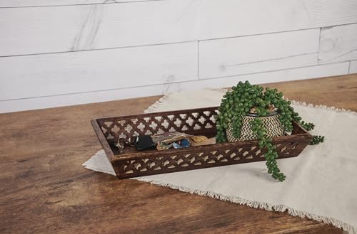 Primitives-by-Kathy-Decorative-Tray-Dark-Stained-Wood-with-Diamond-Cutout-Designs-Throughout Primitives by Kathy Decorative Tray Dark Stained Wood with Diamond Cutout Designs Throughout