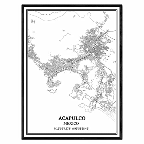 Acapulco México Mapa de pared arte lienzo impresión cartel obra de arte sin marco moderno mapa en blanco y negro recuerdo regalo decoración del hogar -12x16 inches Cover