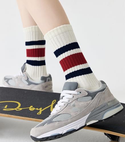 Image of 3 Pairs Women Striped Tube Socks Fun Novelty Cute Crew Socks Retro Sport Mid-Calf Socks for Women Grils