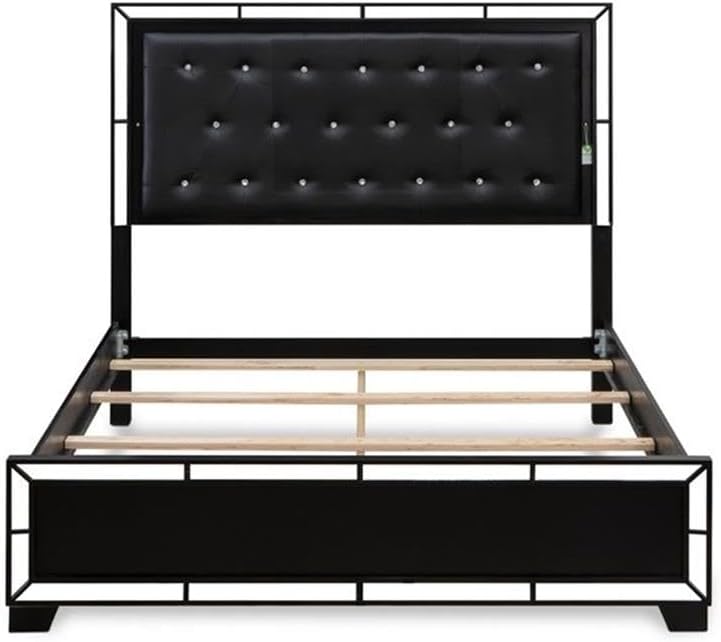 East West Furniture NE11-Q1N000 2-PC Nella Wooden Set Bedroom with Button Tufted Queen Bed and Small Nightstand - Black faux Leather Headboard and Black legs