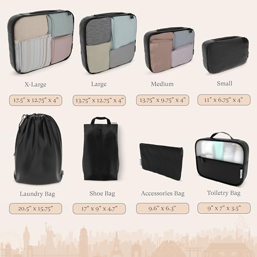 Image of 5 Set /8 Set Packing Cubes - Travel Organizers With Laundry Bag, 8 Air Black | Complete Suitcase Organizer Bags Set: 4 Luggage Packing Cubes + Laundry, Shoe, Toiletry & Accessories Bags for Any Trip