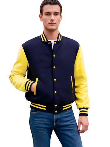 Image of Deckra Men's Varsity Jacket Genuine Leather Sleeve and Wool Blend Letterman Boys College Varsity Jackets XS-5XL