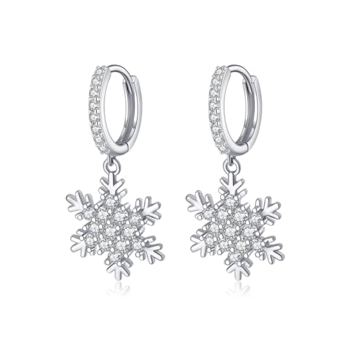 SLUYNZ Solid 925 Sterling Silver Sparkling CZ Snowflake Hoop Earrings for Women Teens Snowflake Hoop Earrings Huggie Earrings Drop Christmas Gifts