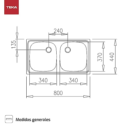 FREGADERO E/50 2C 1Ø Encastre, fregadero inox 2 cubetas, 142 mm, válvula 1½ con tapón, Øgrifo, Mueble 80