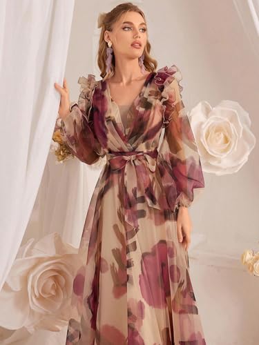 Image of TOLEEN Summer Casual Dresses for Women 2024 Spring Fashion Boho V Neck Long Sleeve Ruffle Floral Print Elegant Maxi Dress