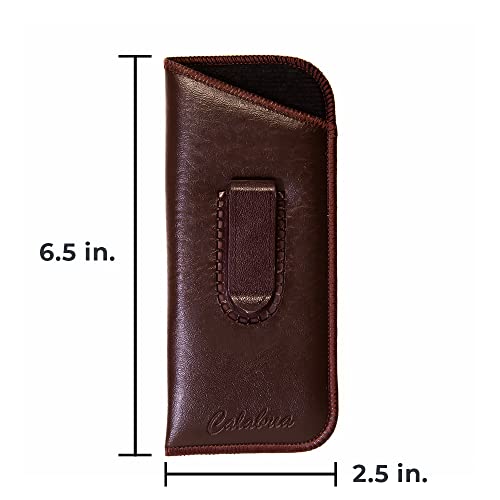 Image of Calabria Slip-In Eye Glasses Case w /Plastic Pocket Clip Faux Leather Felt Brown Men Women Eyeglass Pouch Sunglasses Holder