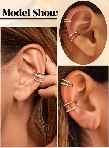Fansilver 3Pcs Ear Cuff Earrings for Women Non Piercing14K Gold Plated Ear Cuffs Clip on Cartilage Earrings Adjustable Fake Earrings Lightweight4