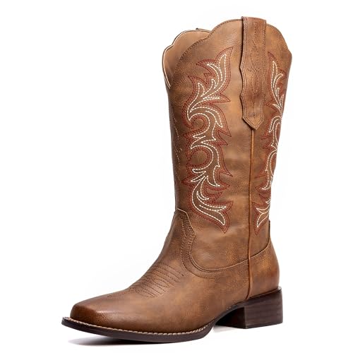Womens Cowboy Boots Square Toe Cowgirl Boots Ladies Country Western Boots Wide Calf Embroidery Brown Low Heel US 6-11