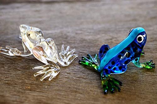 Changthai Design Tiny 2¾" Long Blue Black Dots Frog Figurine - Miniature Hand Blown Glass Colorful Poison Dart Frogs Amphibian Tropical Animals Crystal Decorative Collectible Figurines Home Décor #TOP4